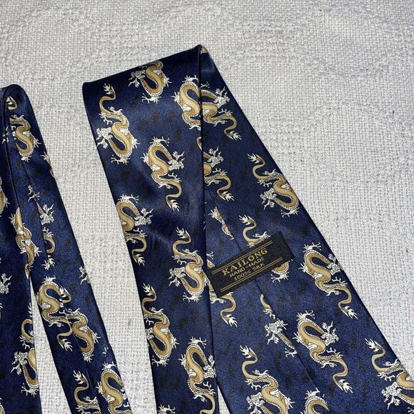 Kailong Dress Tie Mens Size 56 Long 4 Wide Blue Dragon Motif 100% Silk Hand Made - Picture 10 of 12